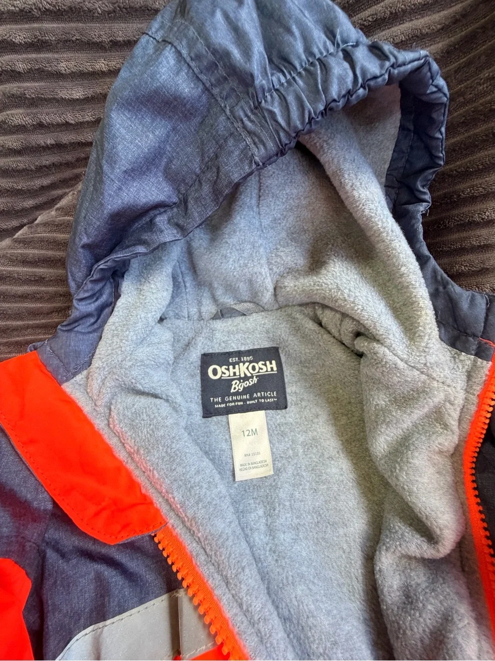 OshKosh B'gosh Orange and Heather Blue Hooded Kids Rain Jacket